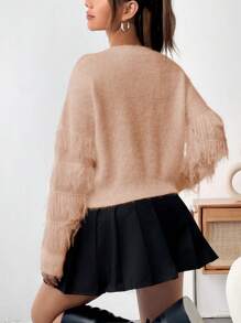 SHEIN Unity Women's Casual Solid Color Fringed Open-Front Sweater With Drop Shoulder Design Knit Pullover Fall Winter Sweater - Pink - View 2