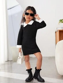 SHEIN Nhỏ bé Cô gái Tương phản Cổ tròn Và Tay áo Cổ tay áo Đầm - Đen và trắng - Xem 6