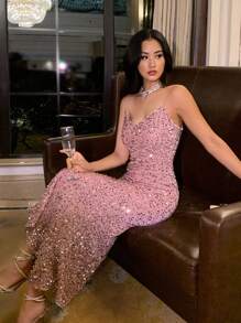 DAZY 女士闪亮美人鱼尾亮片吊带背心返校节礼服舞会礼服派对女士 - 粉色 - 查看 6