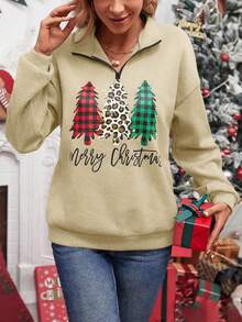 SHEIN Essnce 女式卡其色聖誕樹圖案長袖運動衫 - 卡其色 - 查看 6