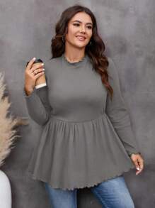 SHEIN LUNE 大尺碼純色荷葉邊長袖t恤 - 灰色 - 查看 1