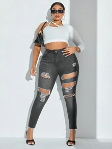 Kích thước lớn Thon gọn Quần jean Distressed - Xám - Xem 6