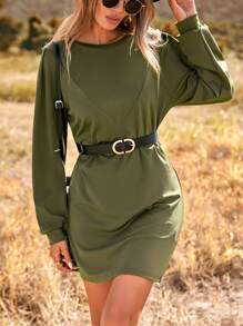 SHEIN LUNE Solid Color Long Sleeve Round Neck Casual Dress - Army Green - View 5