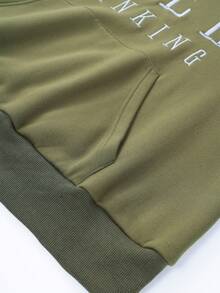 Flirla Plus Size Hooded Sweatshirt With Letter Embroidery And Drawstring, Thickened - Army Green - View 5