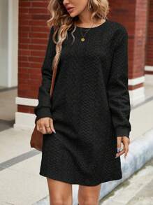 SHEIN LUNE Women's Solid Color Knitted Jacquard Long Sleeve Dress - Black - View 4