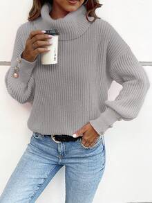 Áo len nữ cổ cao dáng rộng, kiểu dáng thường ngày, chất liệu dệt kim gân, tay dài, màu xám nhạt. - Xám - Xem 8