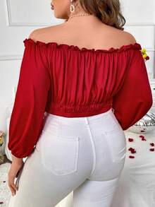 SHEIN Franclia Kích thước lớn Không đối xứng Off Shoulder Áo thun Với Viền trang trí - Đỏ - Xem 2
