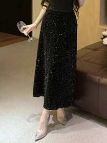DAZY 女士亮片半身裙 舞会半身裙 秋季半身裙 新年女装 - 黑色 - 查看 7