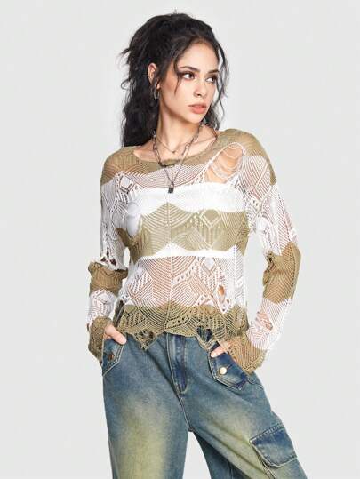 Grunge Punk Grob Gestreifter Farbblock Damen Pullover