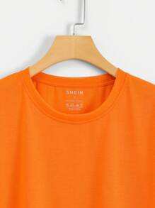 INAWLY Solid Color Round Neck Short-sleeved T-shirt - Orange - View 4
