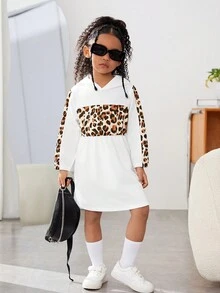 SHEIN 小女孩豹紋拼布連帽腰帶連身裙 - 白色 - 查看 4