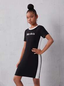 Tween 女童休闲针织拼布圆领短袖字母印花连衣裙 - 黑與白 - 查看 6