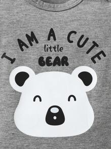 SHEIN Vintaside Kids 新生男嬰可愛時尚小熊印花連身衣 + 長褲 + 帽子 + 圍兜 + 手套 5 件套