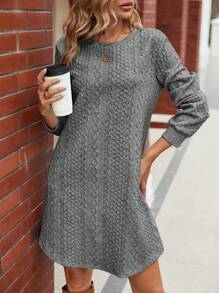 SHEIN LUNE Của phụ nữ Màu thuần Dệt kim Dệt hoa Tay áo dài Đầm - Màu xám đen - Xem 4