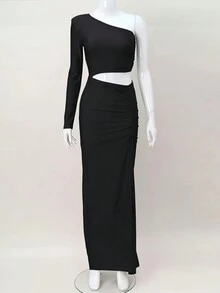 SHEIN Privé 空心褶皺單肩緊身連衣裙 - 黑色 - 查看 3