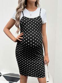 SHEIN Maternity Short-Sleeved T-Shirt And Polka-Dot Cami Dress Two-Piece Set - Black and White - View 5