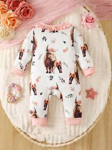 Baby Girls' Cute Cow Printed Long Sleeve Jumpsuit For Winter - Multicolor - View 2