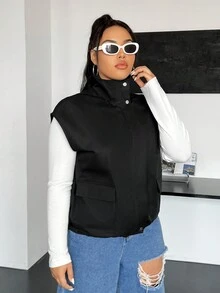 SHEIN EZwear Plus Size Flap Pocket Jacket - Black - View 4