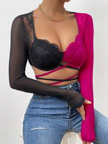 SHEIN Allurite 蕾絲拼接交叉短款拼色上衣 - 黑色 - 查看 4