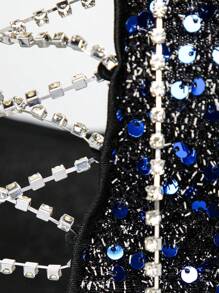 Hauture Rhinestone Lace Up Sequin Cami Dress - Black - View 9