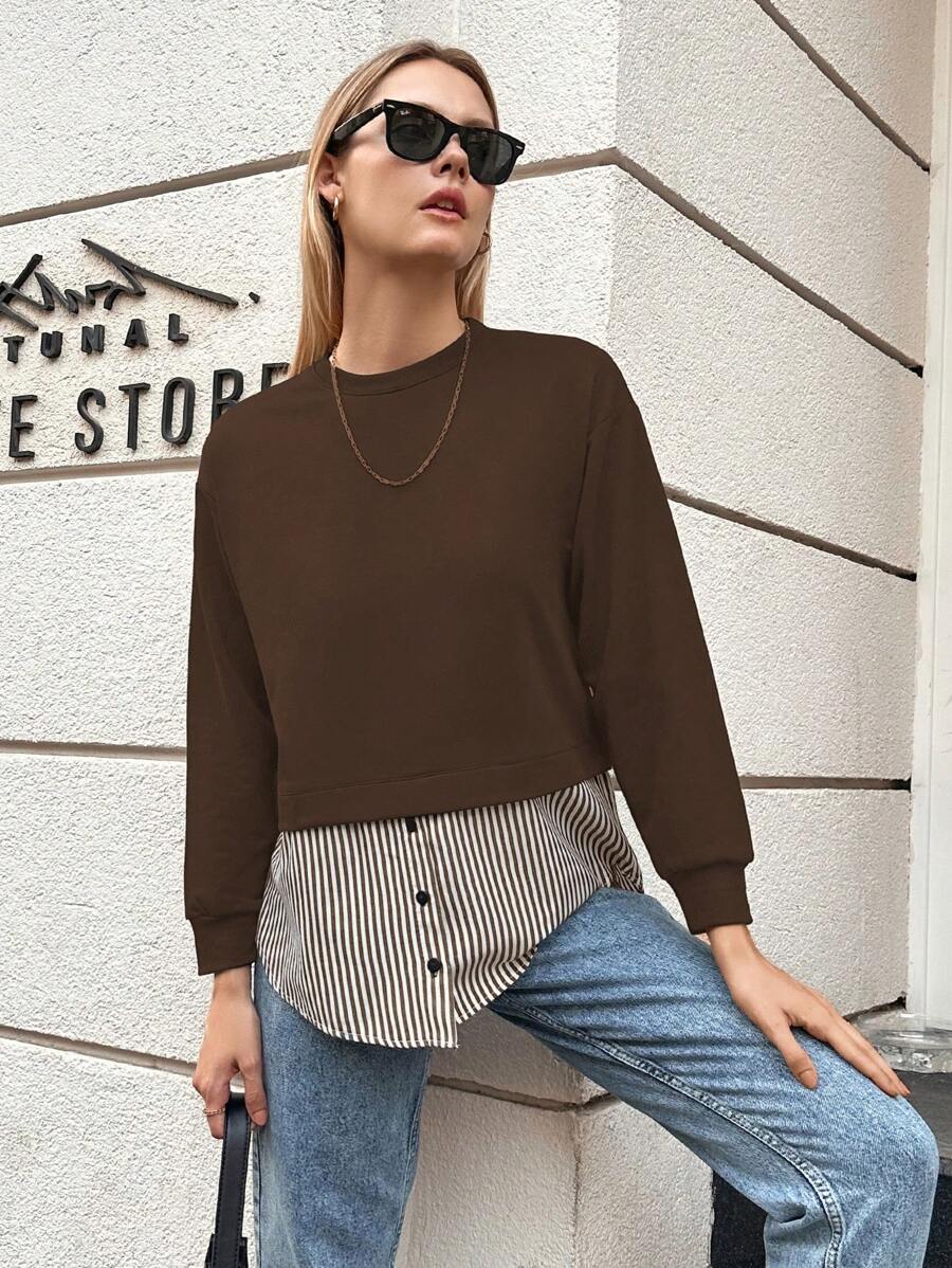 EURMUSE Cotton Contrast Striped Print Button Detail 2 In 1 Sweatshirt - Brown - View 1