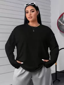 SHEIN EZwear Plus Size Solid Color Drop Shoulder T-Shirt - Black - View 3