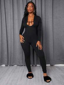 Slaydiva Women'S Hollow Out Long Sleeve Unitard Jumpsuit - Black - View 5