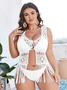 SHEIN Swim Curve 1 件大码流苏下摆钩针和服夏季 - 白色 - 查看 3