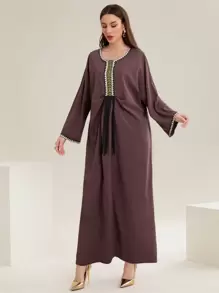 Al Najma 女式流蘇拼布長衫搭配編織絲帶 - 咖啡棕 - 查看 6