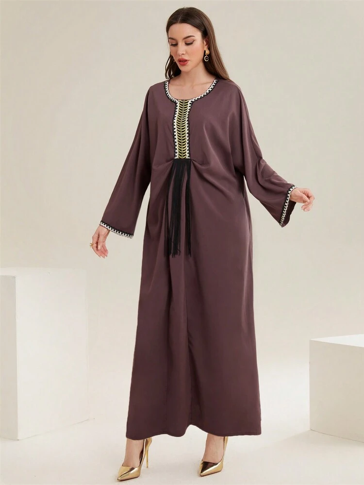Women's Tassel Patchwork Kaftan With Woven Ribbon
