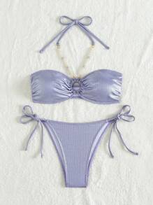 SHEIN Swim 珍珠链吊带比基尼套装狂欢夏日海滩 - 紫色 - 查看 7