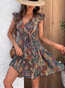 Breezaya 全印花裹身荷叶边袖腰带连衣裙度假海滩装女装 - 彩色 - 查看 6