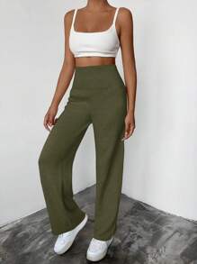 EURMUSE Solid Wide Leg Knit Pants - Dark Green - View 4