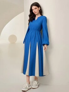 Seusyu Contrast Notch Neck Lantern Sleeve Dress - Blue - View 5