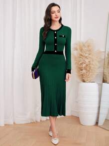 Modelyn 對比色針織連衣裙帶有鈕扣裝飾 - 綠色 - 查看 6