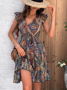 Breezaya 全印花裹身荷叶边袖腰带连衣裙度假海滩装女装 - 彩色 - 查看 4