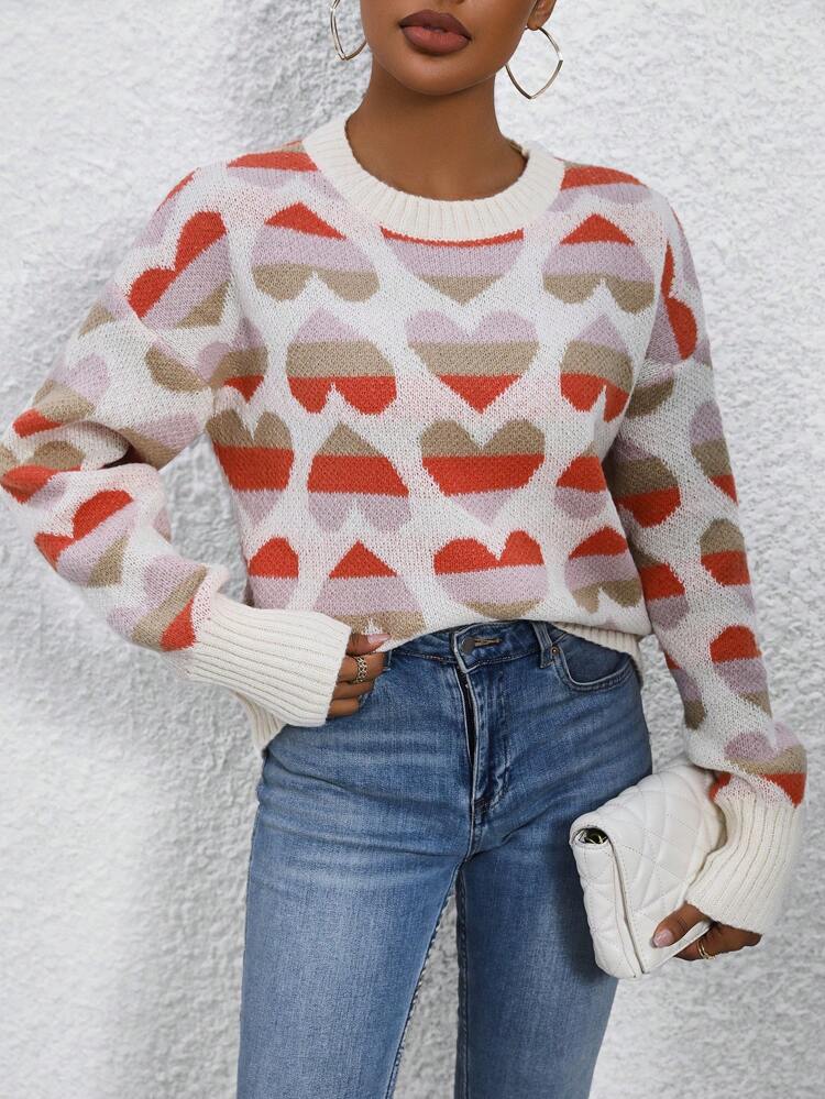 Heart Pattern Drop Shoulder Knit Pullover Fall Winter Sweater