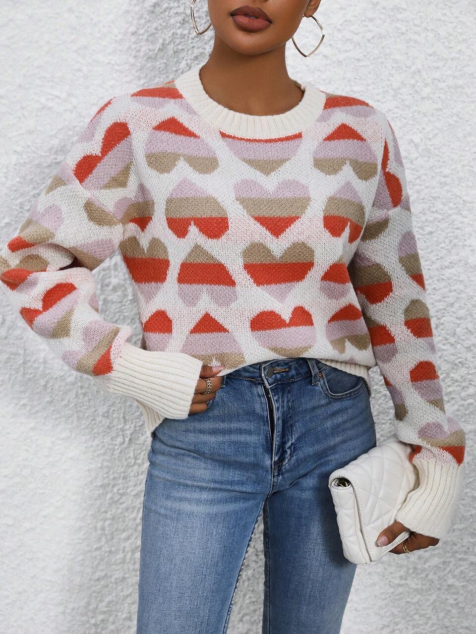 Heart Pattern Drop Shoulder Knit Pullover Fall Winter Sweater