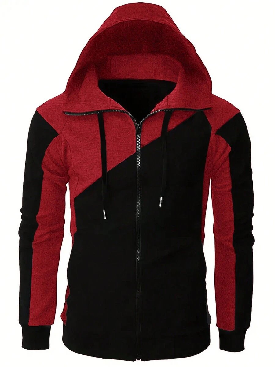 Manfinity Homme Nam màu trơn Dây kéo Hoodie Với Tương phản Màu sắc Thiết kế - Đỏ - Xem 1