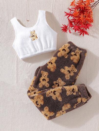 Women's Cute Bear Embroidery White Tank Top And Pants Casual Lounge Outfit Set, Fall Winter Clothes, Fluffy Pajama, Cozy