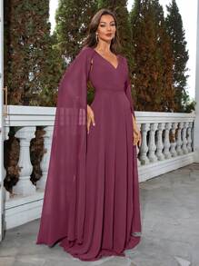 UNITHORSE 纯色拼布斗篷袖连衣裙 派对礼服 婚礼宾客礼服 正式礼服 晚礼服 - 中紫紅色 - 查看 6