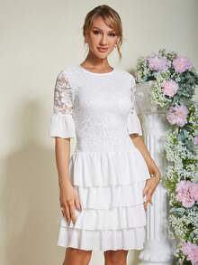 Eilly Bazar Patchwork Spitze Rüschen Saum Swing-kleid - Weiss - Übersicht 5