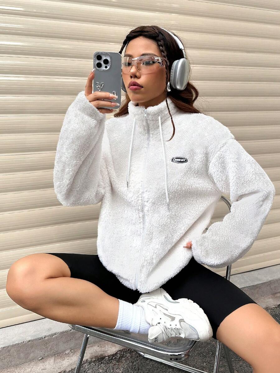 SHEIN Unity 女裝字母拼接拉鍊前開絨毛外套 - 米色 - 查看 1