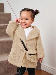 SHEIN Fashionable Baby Girls' Sherpa Long Jacket, With Crossbody Bag And Medium Thick, Winter - Apricot - View 4