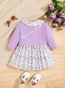 SHEIN Vestido Informal De Manga Larga Con Cuello Peter Pan Y Retazos Florales 2 En 1 De Corte Holgado Para Bebés Niñas Con Bolso