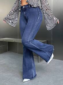 SHEIN ICON Plus Size Women's Flare Jeans, Fall Women Clothes - Blue - View 3