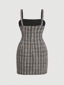 SHEIN MOD Tartan Plaid Spaghetti Strap Bodycon Dress - Black and White - View 2