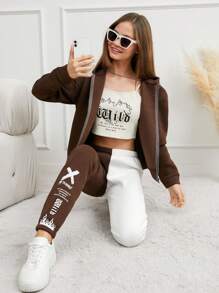 RueChic Teen Girl's Letter Printed Cami Top, Zip-Up Hoodie And Drawstring Joggers Set - Multicolor - View 1