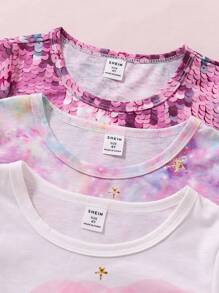 SHEIN 幼兒女童可愛獨角獸印花舒適三件套t恤,適用於夏季