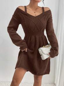 SHEIN Privé Của phụ nữ Cable Dệt kim Off Shoulder Đầm Áo len - Màu nâu Sô-cô-la - Xem 5